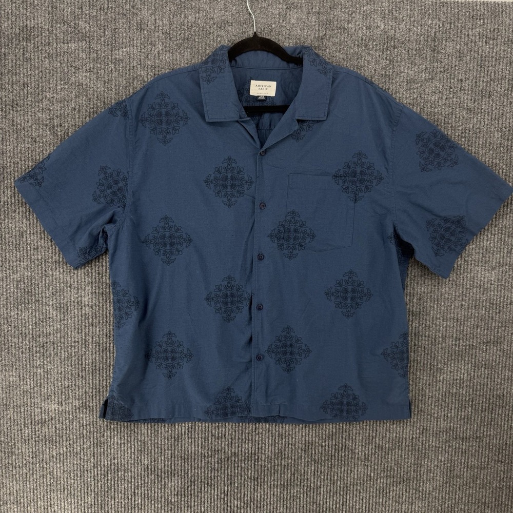 American Eagle Embroidered Button Up Shirt Blue Boxy Crop Y2K Mens Large